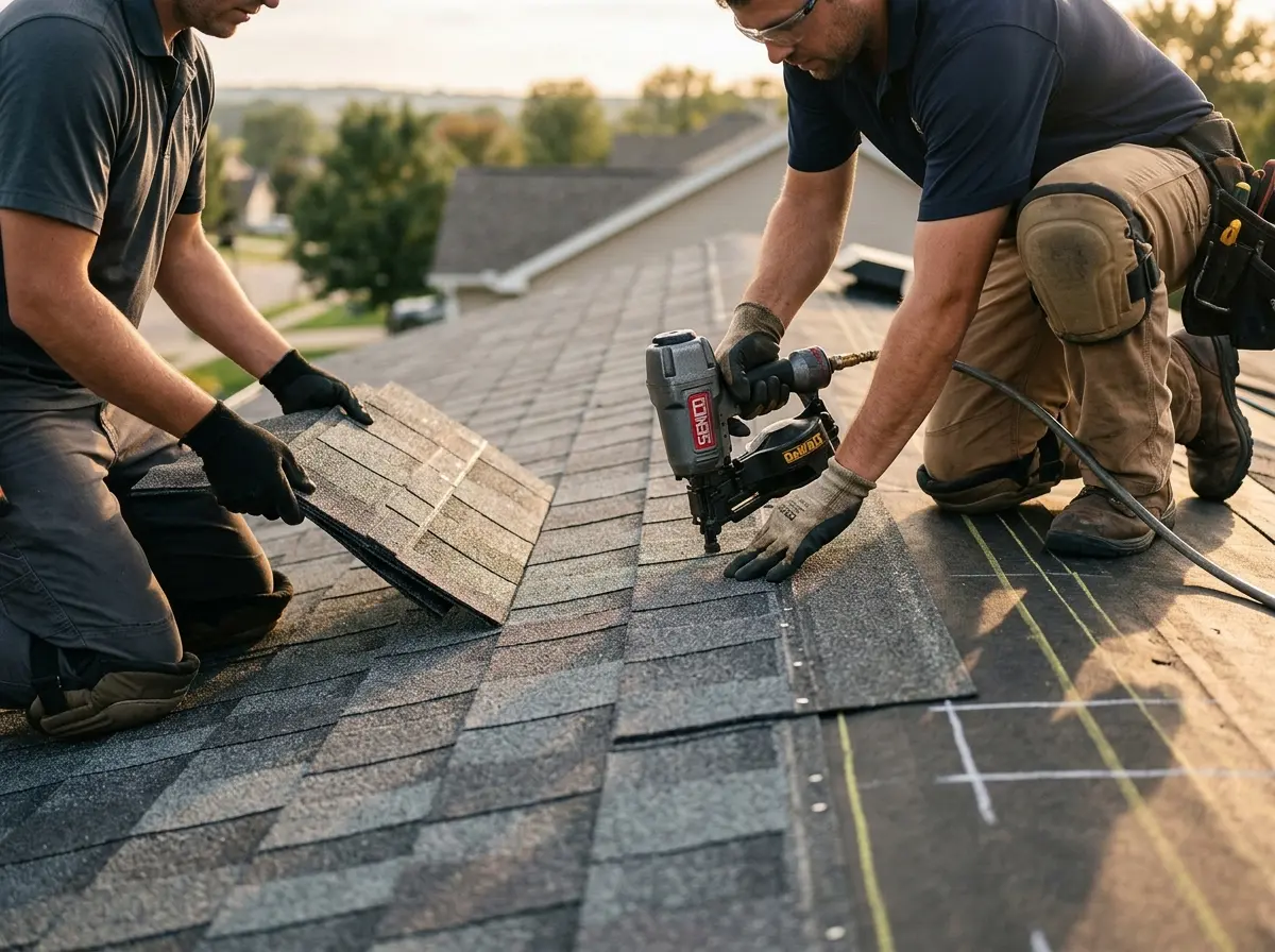 Professional roofer working on a residential roof in Mount Hope